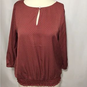 Ann Taylor Geometric Plaid Keyhole Smocked Blouse